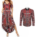 Aotearoa Te Arawa Couples Matching Summer Maxi Dress and Long Sleeve Button Shirt Maori Tribal Dark Red Paua Shell Pattern