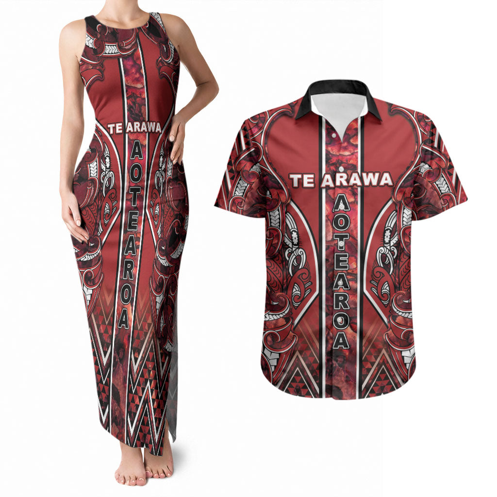 Aotearoa Te Arawa Couples Matching Tank Maxi Dress and Hawaiian Shirt Maori Tribal Dark Red Paua Shell Pattern