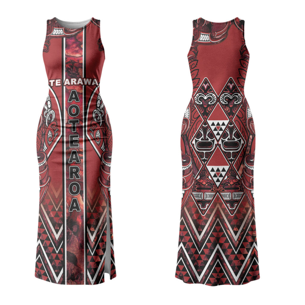 Aotearoa Te Arawa Couples Matching Tank Maxi Dress and Hawaiian Shirt Maori Tribal Dark Red Paua Shell Pattern
