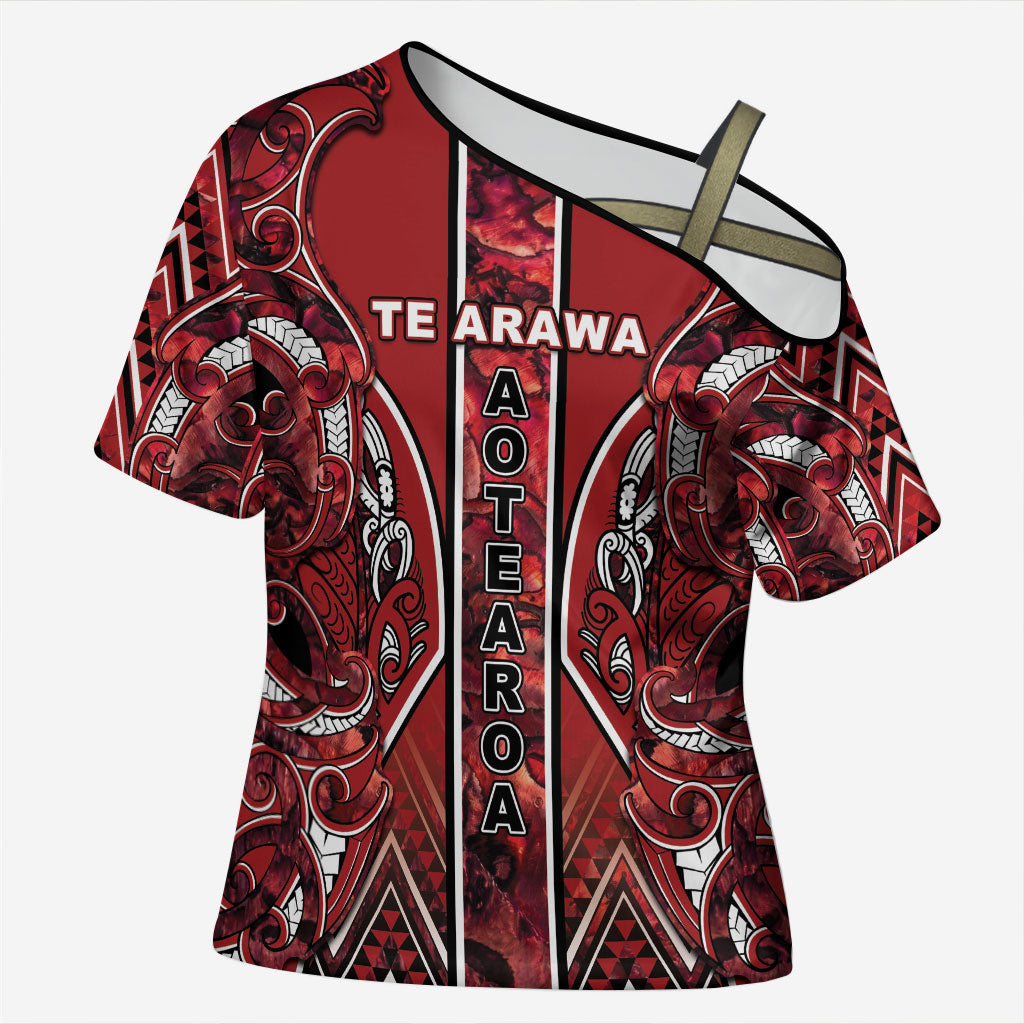 Aotearoa Te Arawa Cross Shoulder Shirt Maori Tribal Dark Red Paua Shell Pattern