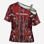 Aotearoa Te Arawa Cross Shoulder Shirt Maori Tribal Dark Red Paua Shell Pattern