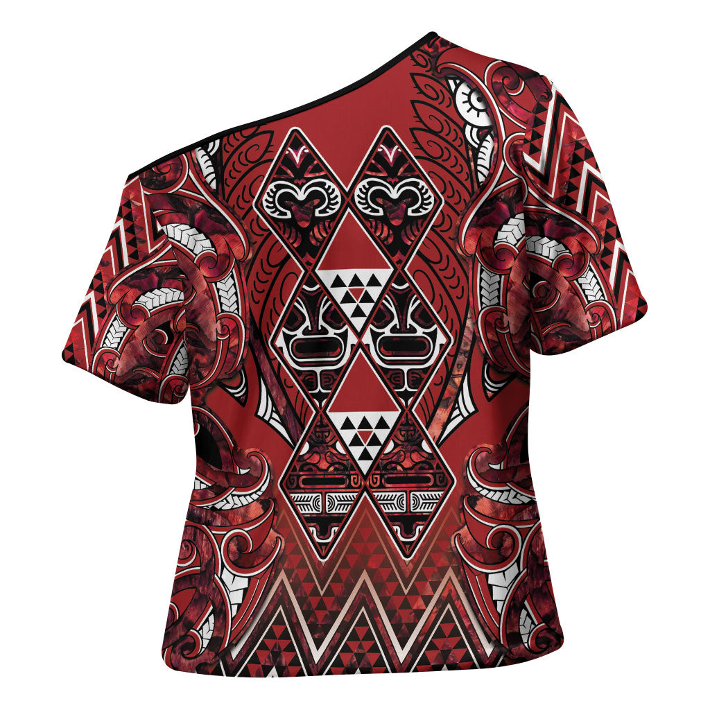 Aotearoa Te Arawa Cross Shoulder Shirt Maori Tribal Dark Red Paua Shell Pattern