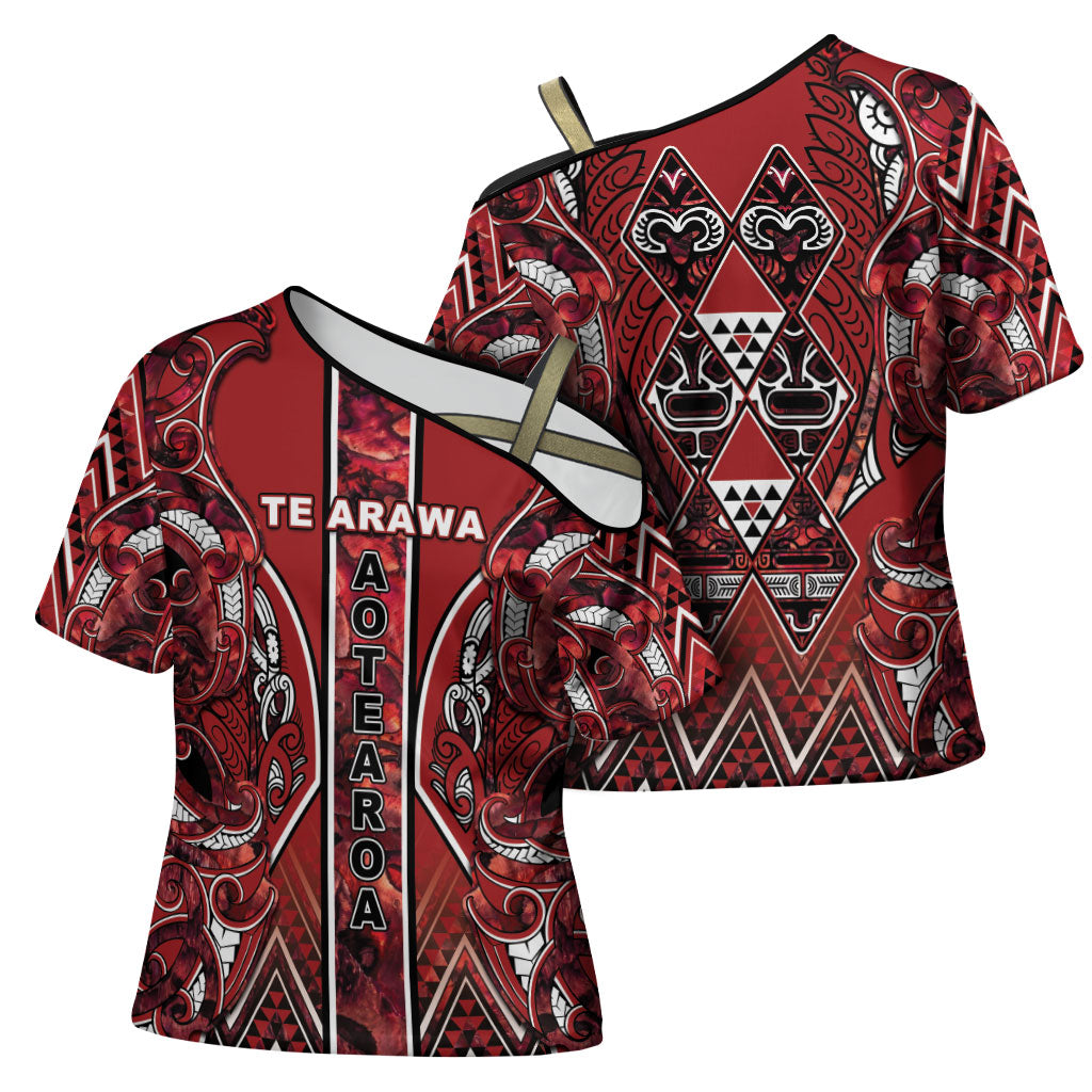 Aotearoa Te Arawa Cross Shoulder Shirt Maori Tribal Dark Red Paua Shell Pattern
