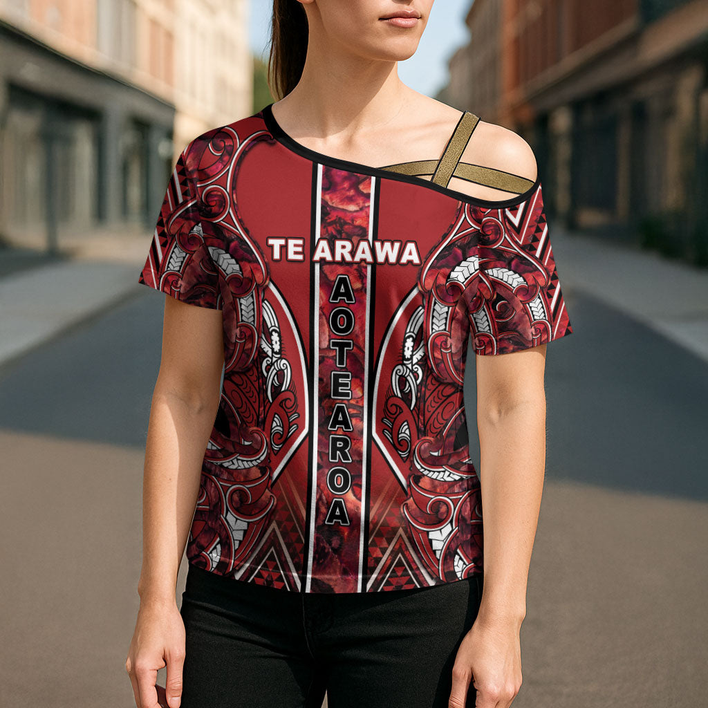 Aotearoa Te Arawa Cross Shoulder Shirt Maori Tribal Dark Red Paua Shell Pattern