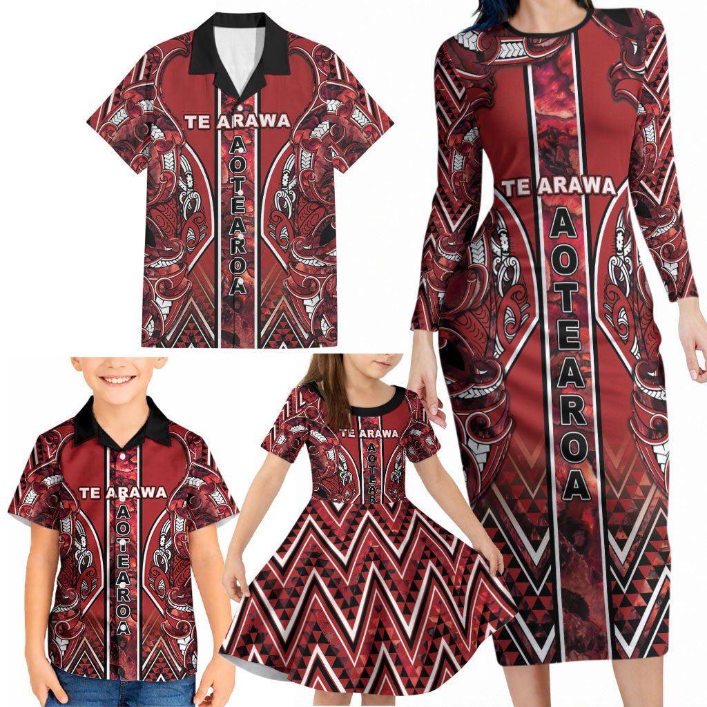 Aotearoa Te Arawa Family Matching Long Sleeve Bodycon Dress and Hawaiian Shirt Maori Tribal Dark Red Paua Shell Pattern