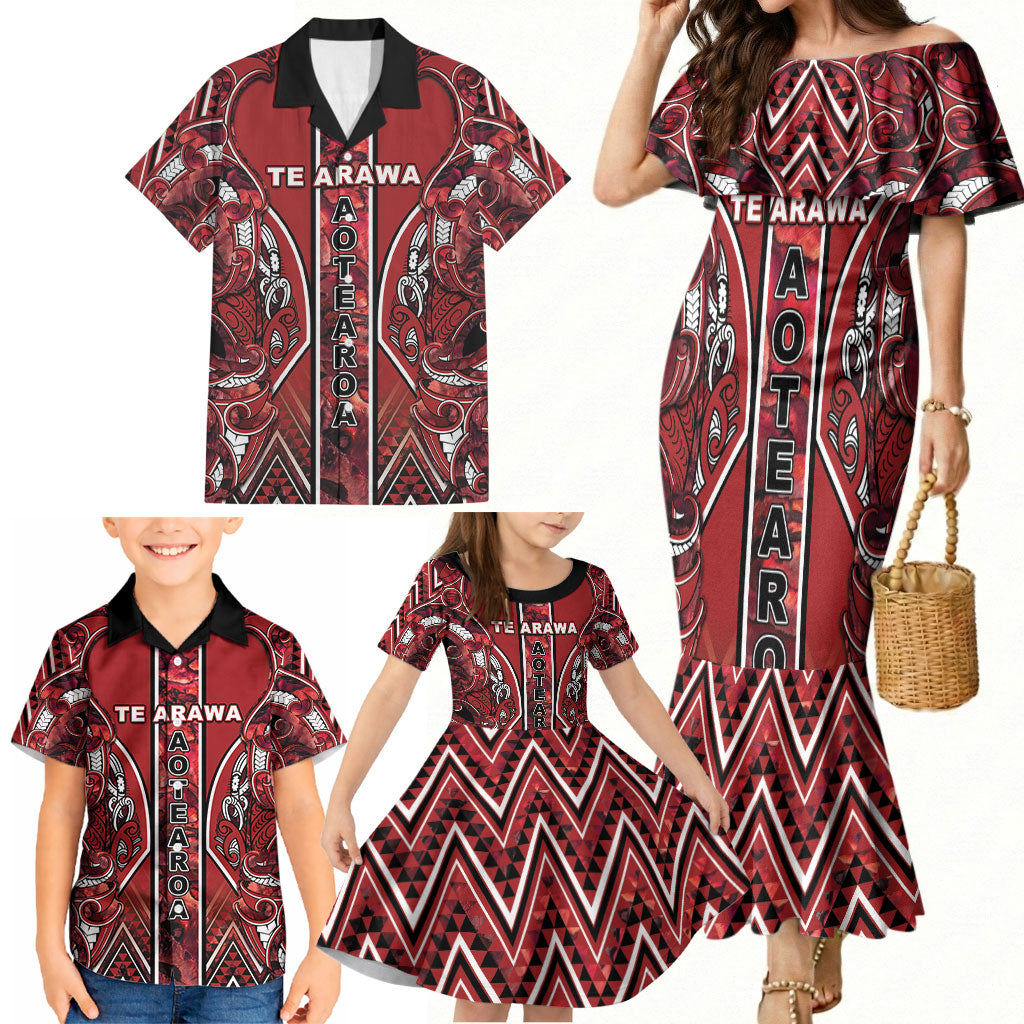 Aotearoa Te Arawa Family Matching Mermaid Dress and Hawaiian Shirt Maori Tribal Dark Red Paua Shell Pattern