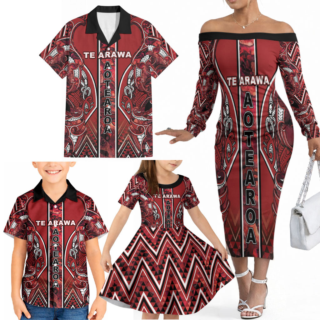 Aotearoa Te Arawa Family Matching Off The Shoulder Long Sleeve Dress and Hawaiian Shirt Maori Tribal Dark Red Paua Shell Pattern