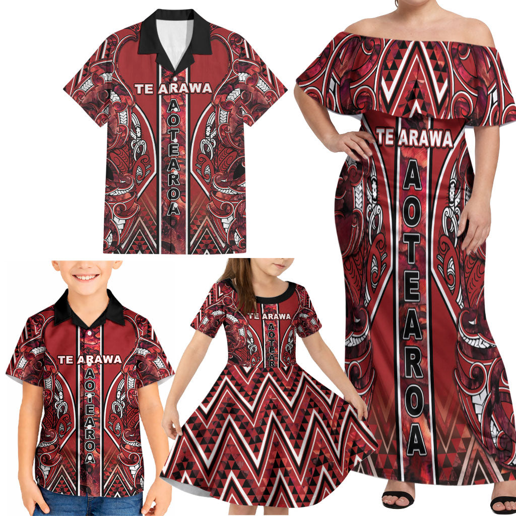 Aotearoa Te Arawa Family Matching Off Shoulder Maxi Dress and Hawaiian Shirt Maori Tribal Dark Red Paua Shell Pattern