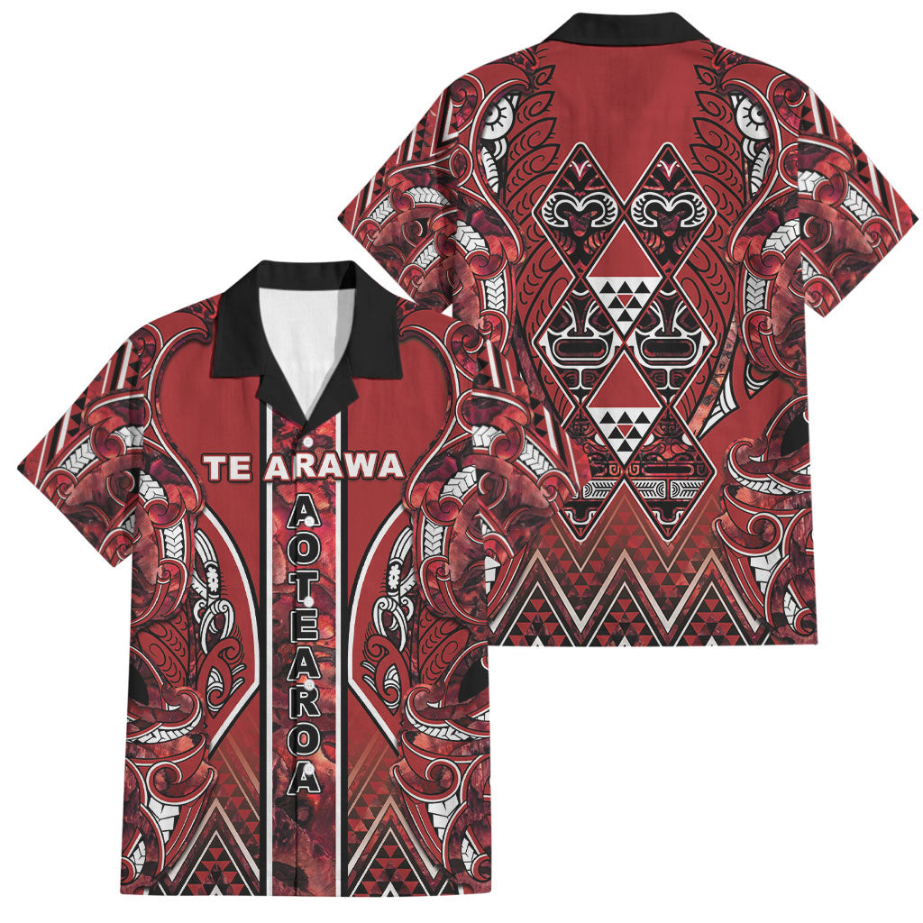 Aotearoa Te Arawa Family Matching Puletasi and Hawaiian Shirt Maori Tribal Dark Red Paua Shell Pattern