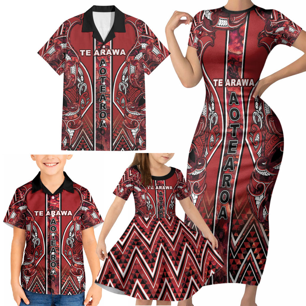 Aotearoa Te Arawa Family Matching Short Sleeve Bodycon Dress and Hawaiian Shirt Maori Tribal Dark Red Paua Shell Pattern