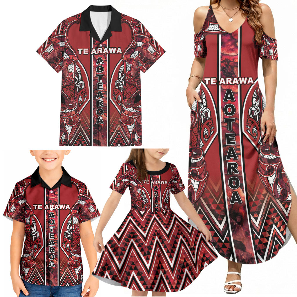 Aotearoa Te Arawa Family Matching Summer Maxi Dress and Hawaiian Shirt Maori Tribal Dark Red Paua Shell Pattern