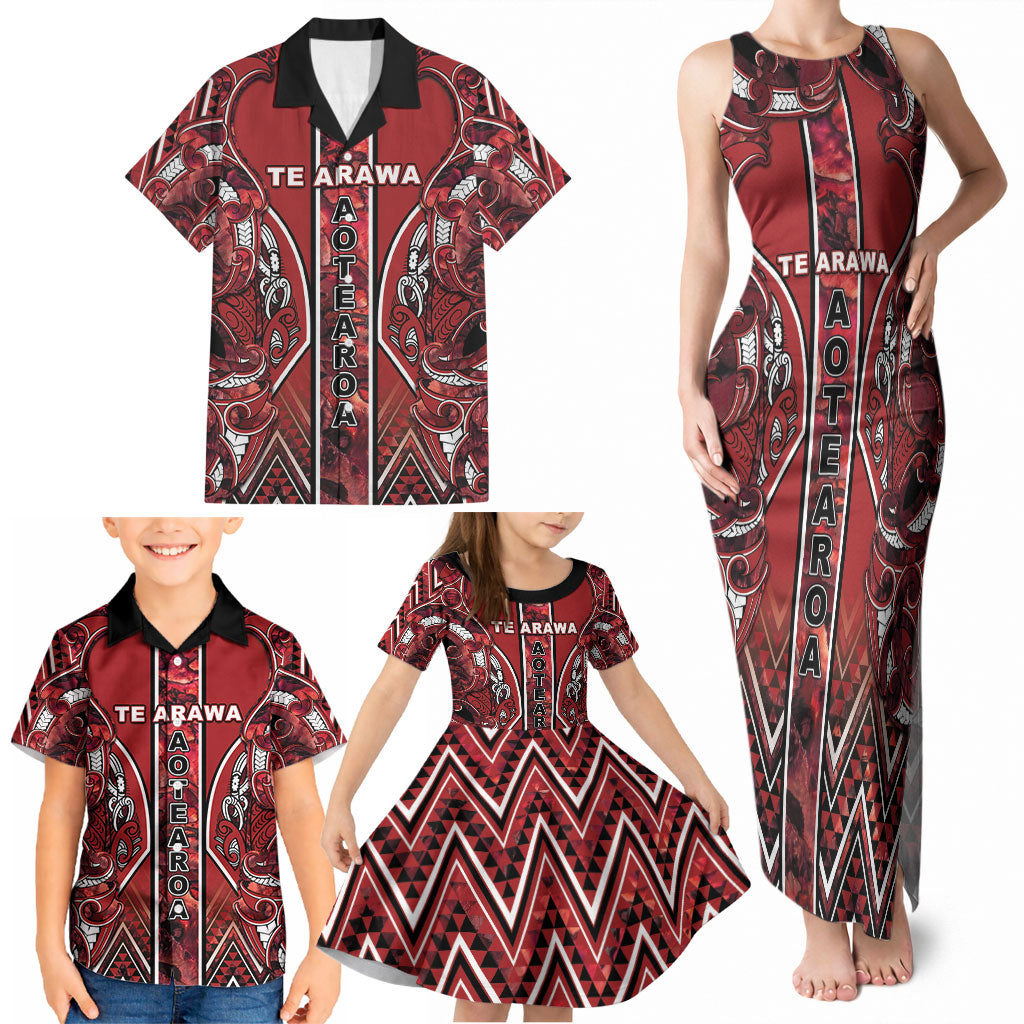 Aotearoa Te Arawa Family Matching Tank Maxi Dress and Hawaiian Shirt Maori Tribal Dark Red Paua Shell Pattern