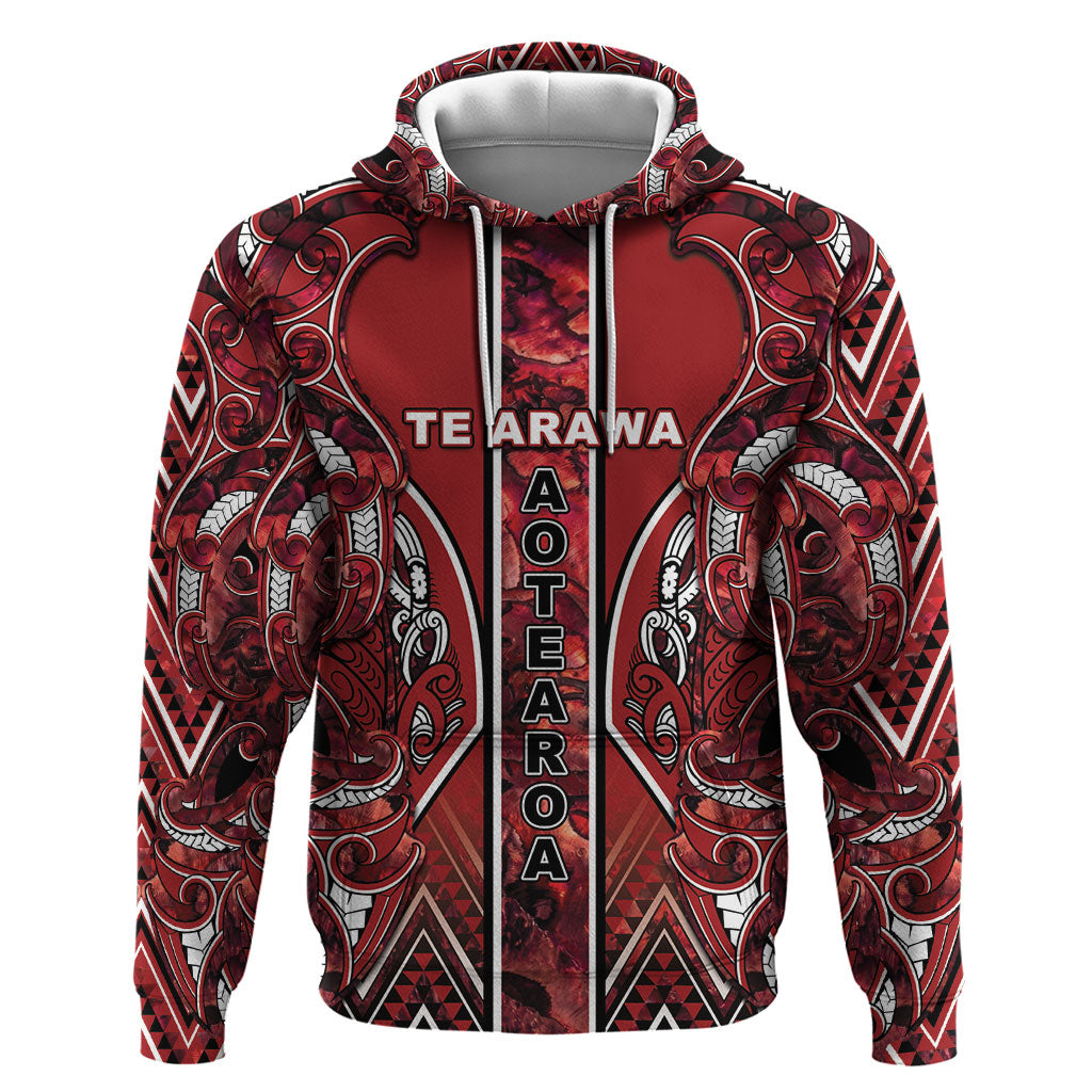 Aotearoa Te Arawa Hoodie Maori Tribal Dark Red Paua Shell Pattern
