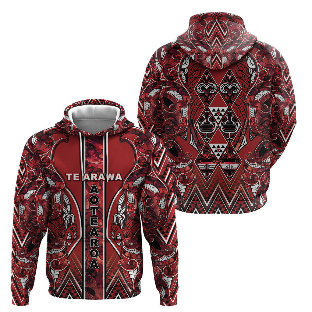 Aotearoa Te Arawa Hoodie Maori Tribal Dark Red Paua Shell Pattern