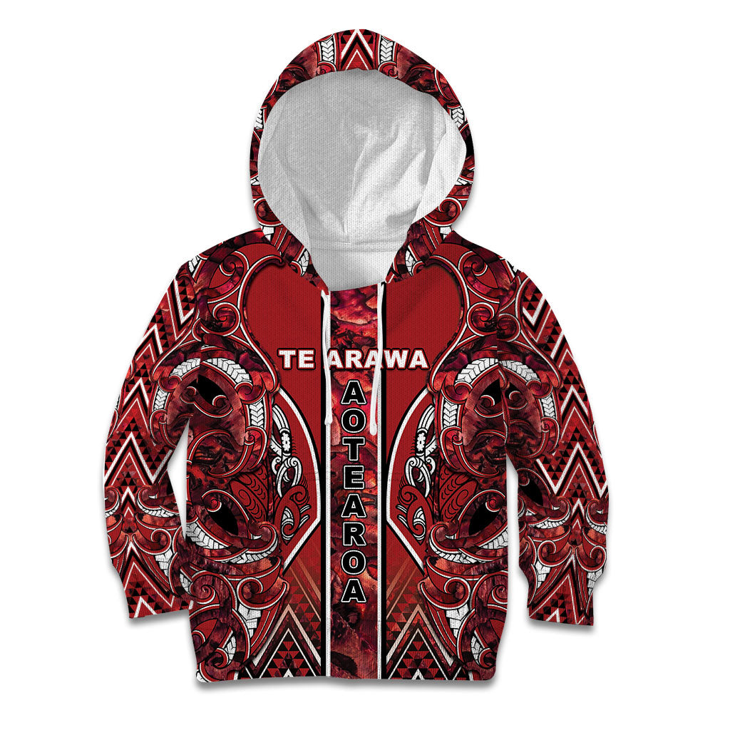 Aotearoa Te Arawa Kid Hoodie Maori Tribal Dark Red Paua Shell Pattern