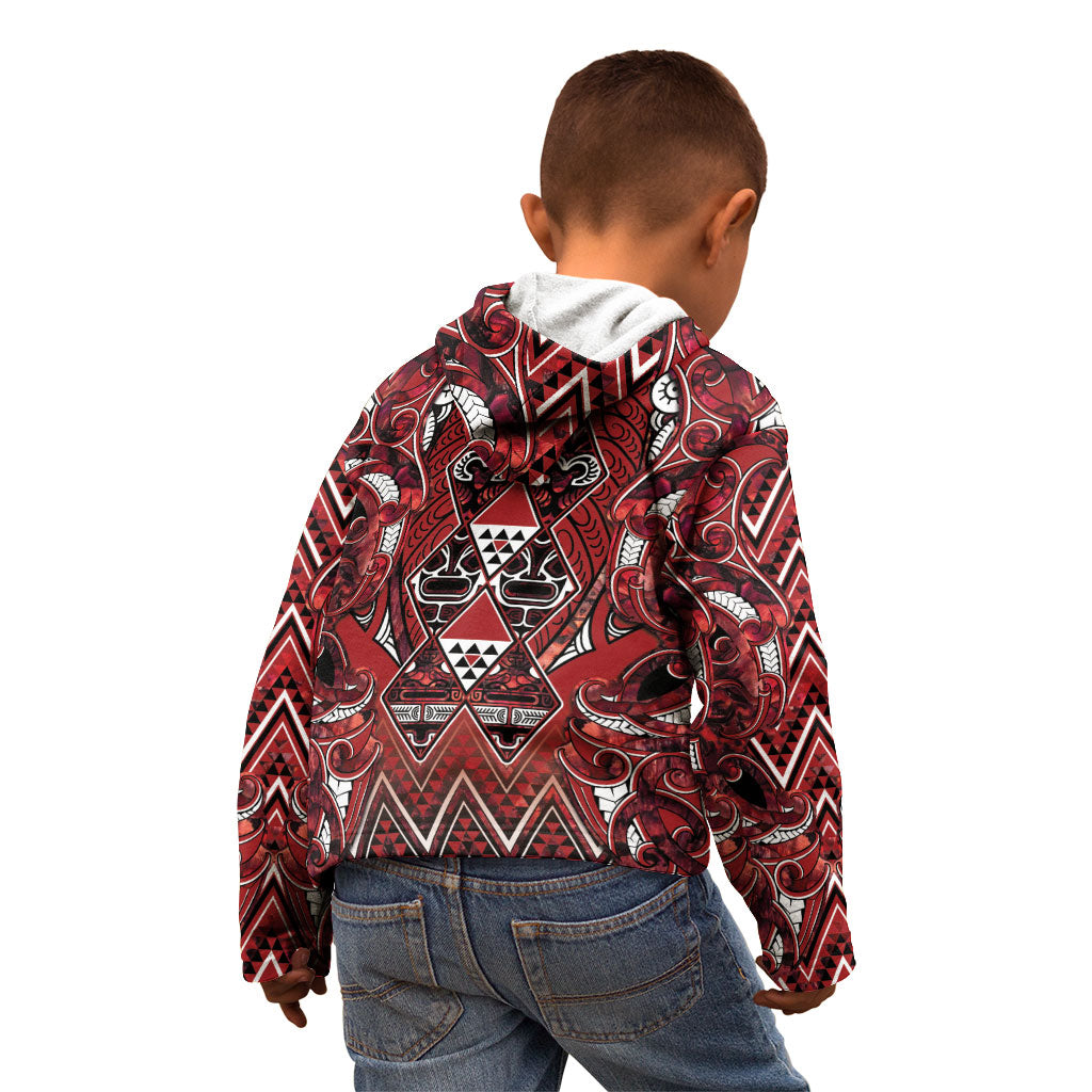 Aotearoa Te Arawa Kid Hoodie Maori Tribal Dark Red Paua Shell Pattern