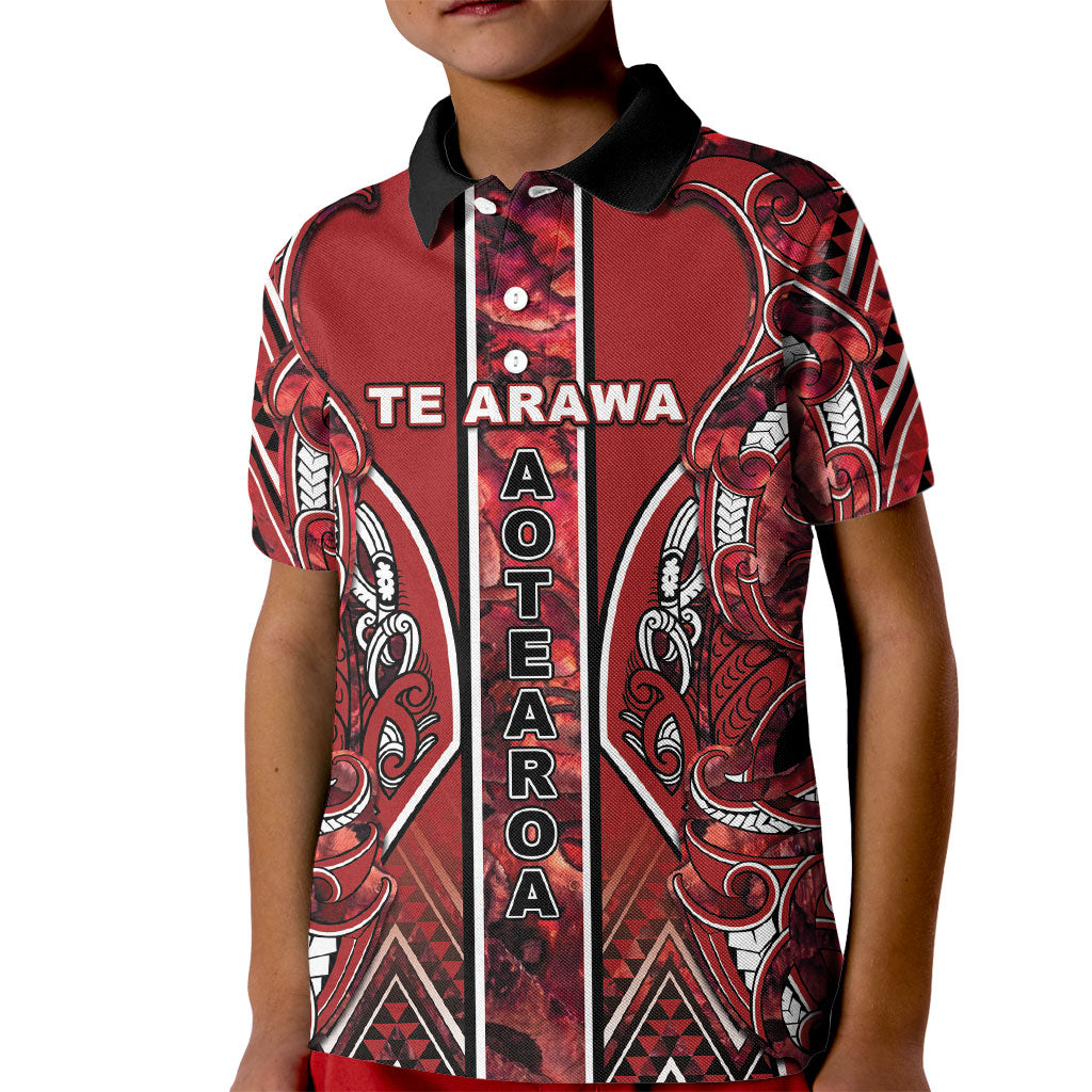 Aotearoa Te Arawa Kid Polo Shirt Maori Tribal Dark Red Paua Shell Pattern
