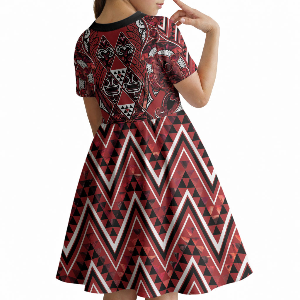 Aotearoa Te Arawa Kid Short Sleeve Dress Maori Tribal Dark Red Paua Shell Pattern