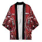 Aotearoa Te Arawa Kimono Maori Tribal Dark Red Paua Shell Pattern