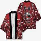 Aotearoa Te Arawa Kimono Maori Tribal Dark Red Paua Shell Pattern