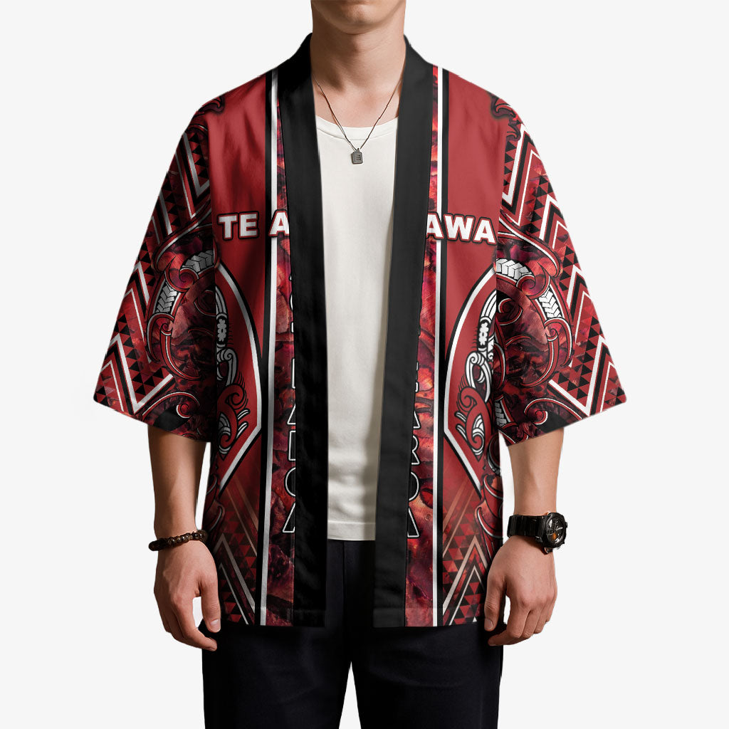 Aotearoa Te Arawa Kimono Maori Tribal Dark Red Paua Shell Pattern