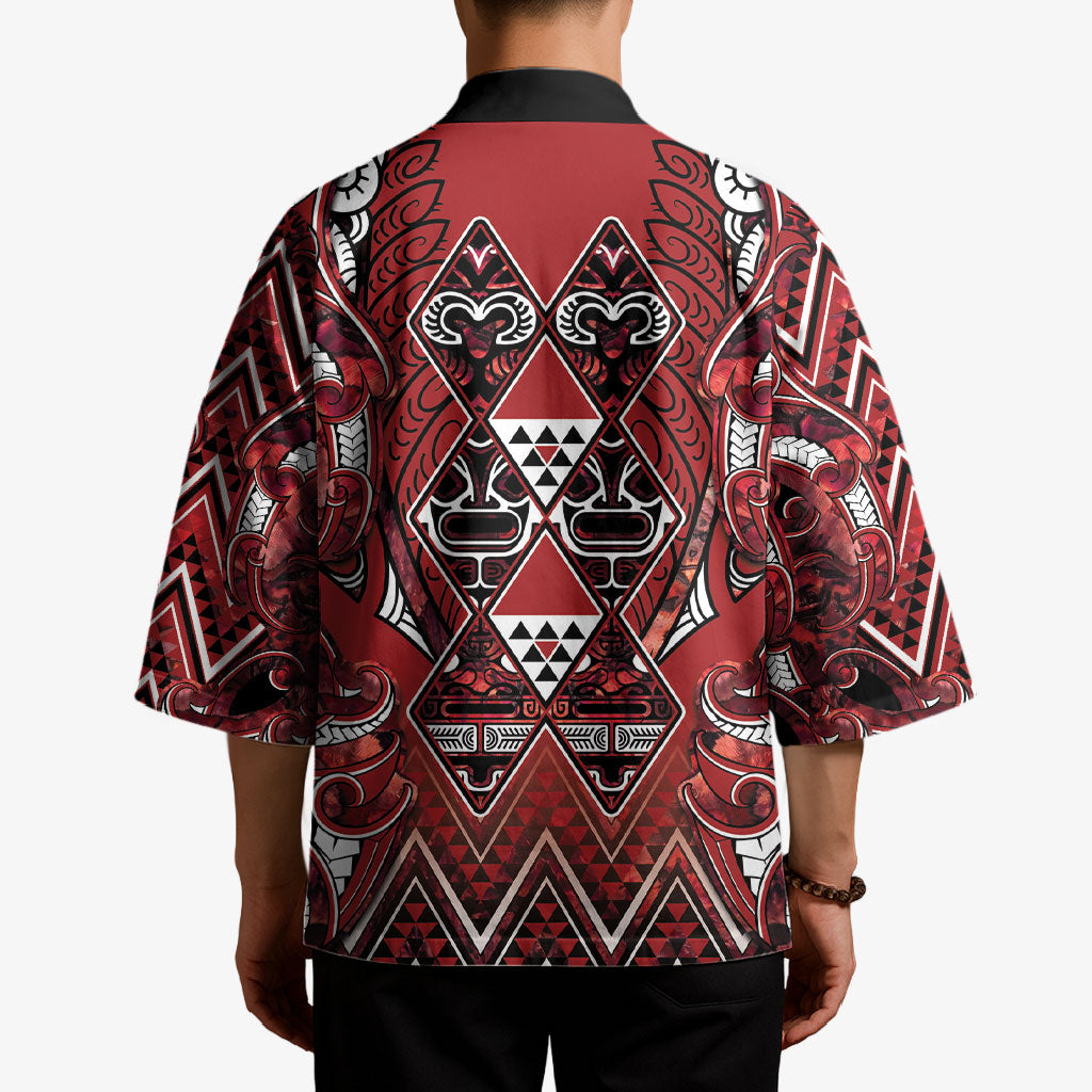 Aotearoa Te Arawa Kimono Maori Tribal Dark Red Paua Shell Pattern