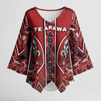 Aotearoa Te Arawa Kimono Sleeve Blouse Maori Tribal Dark Red Paua Shell Pattern