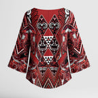 Aotearoa Te Arawa Kimono Sleeve Blouse Maori Tribal Dark Red Paua Shell Pattern