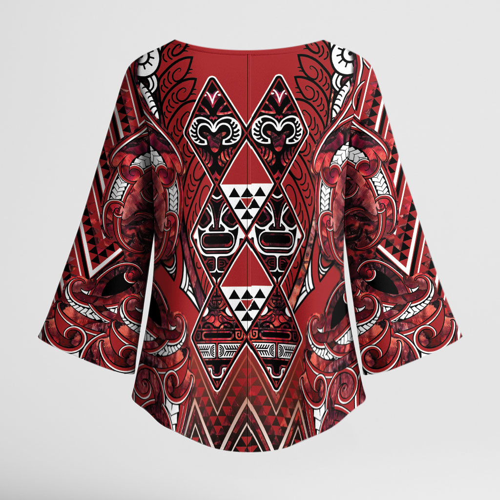 Aotearoa Te Arawa Kimono Sleeve Blouse Maori Tribal Dark Red Paua Shell Pattern