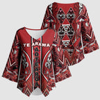 Aotearoa Te Arawa Kimono Sleeve Blouse Maori Tribal Dark Red Paua Shell Pattern