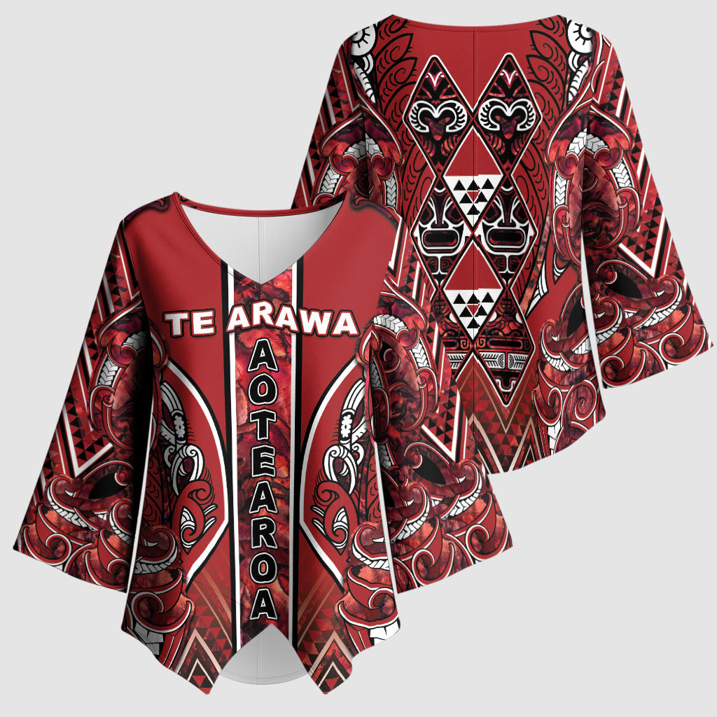 Aotearoa Te Arawa Kimono Sleeve Blouse Maori Tribal Dark Red Paua Shell Pattern