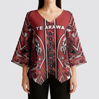 Aotearoa Te Arawa Kimono Sleeve Blouse Maori Tribal Dark Red Paua Shell Pattern