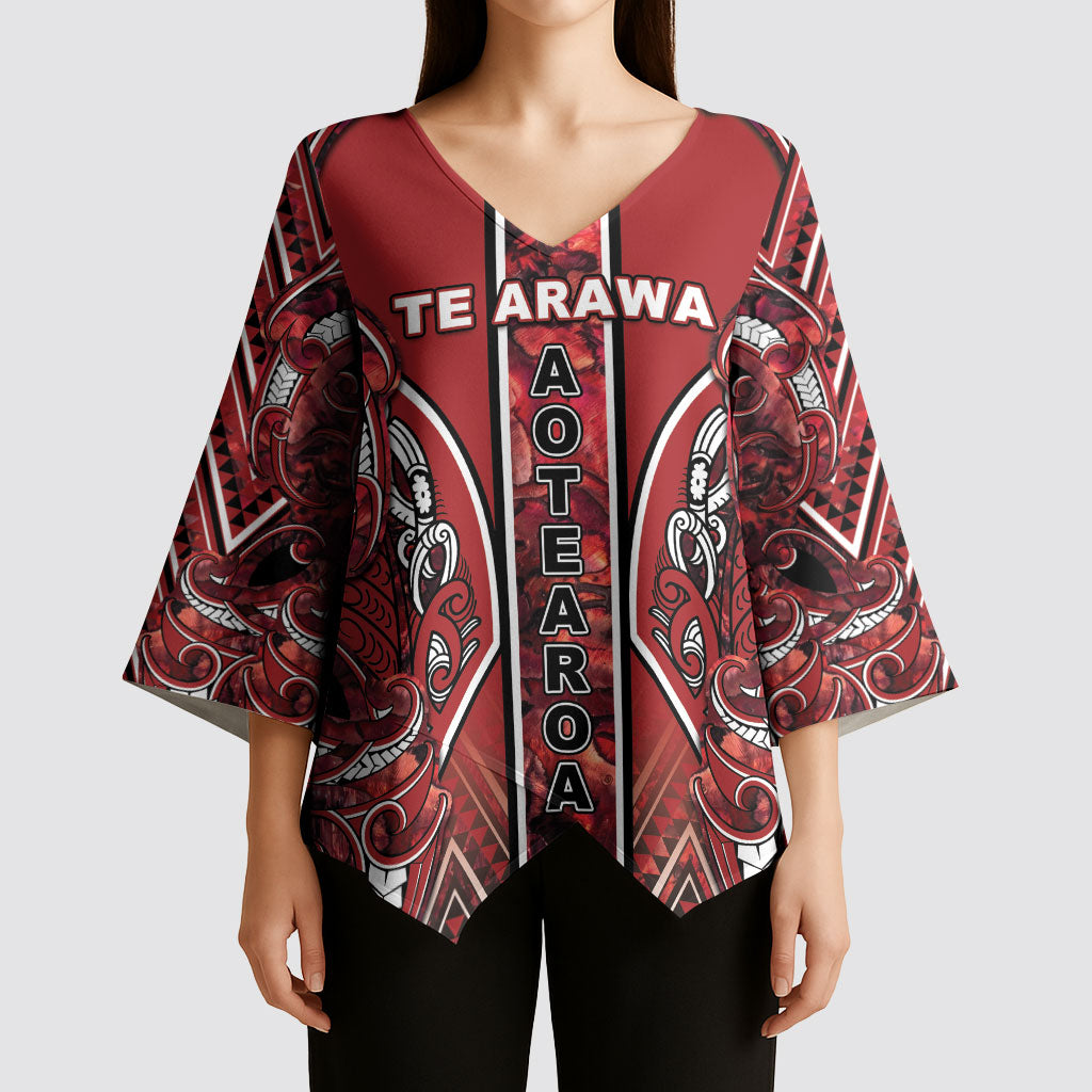Aotearoa Te Arawa Kimono Sleeve Blouse Maori Tribal Dark Red Paua Shell Pattern