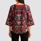 Aotearoa Te Arawa Kimono Sleeve Blouse Maori Tribal Dark Red Paua Shell Pattern