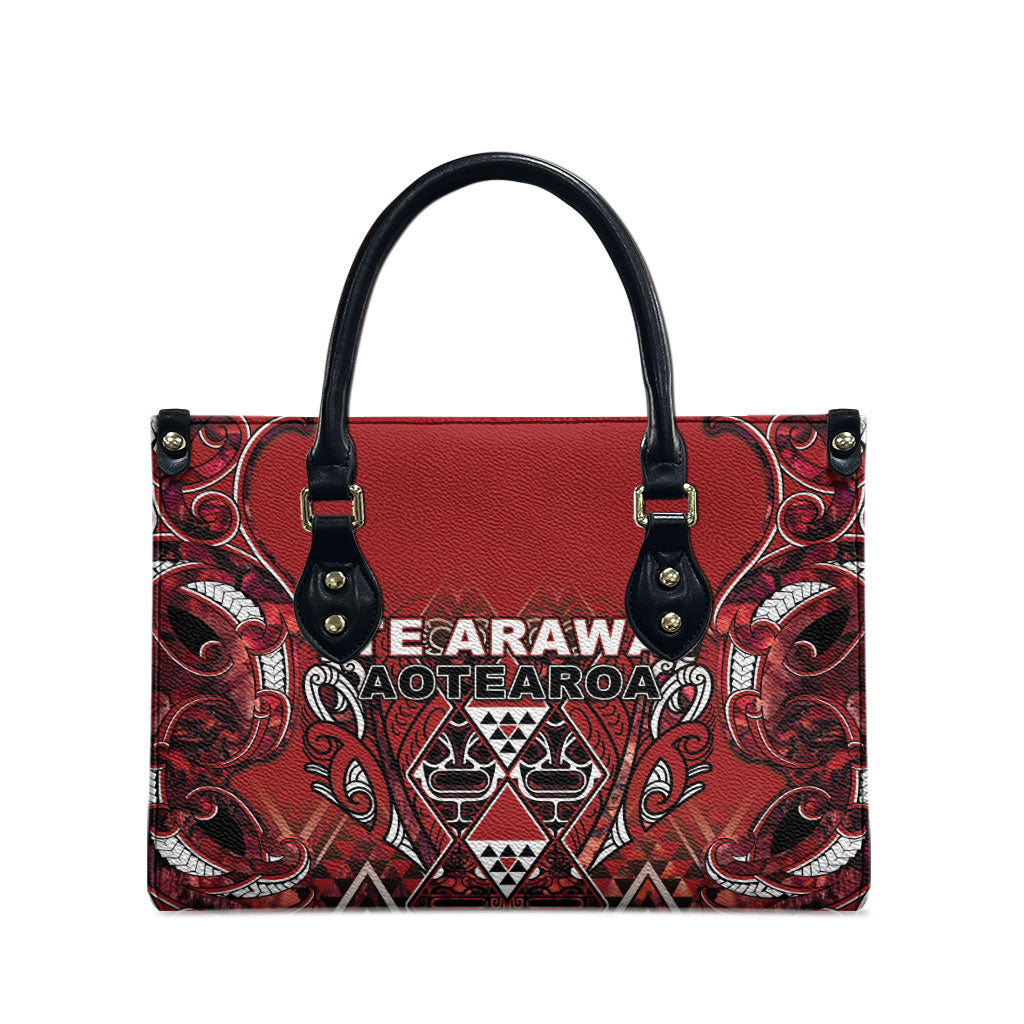 Aotearoa Te Arawa Leather Bag Maori Tribal Dark Red Paua Shell Pattern