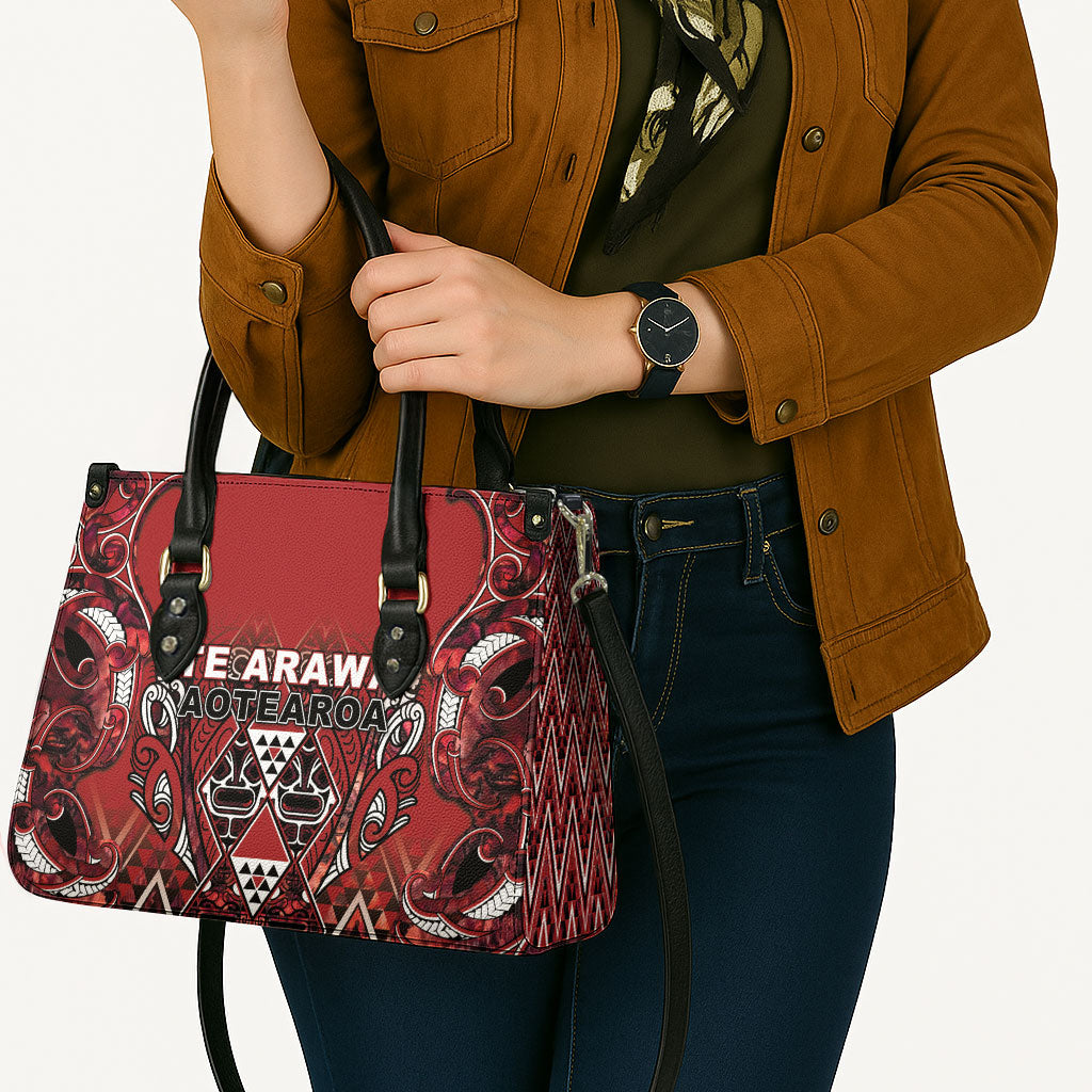 Aotearoa Te Arawa Leather Bag Maori Tribal Dark Red Paua Shell Pattern