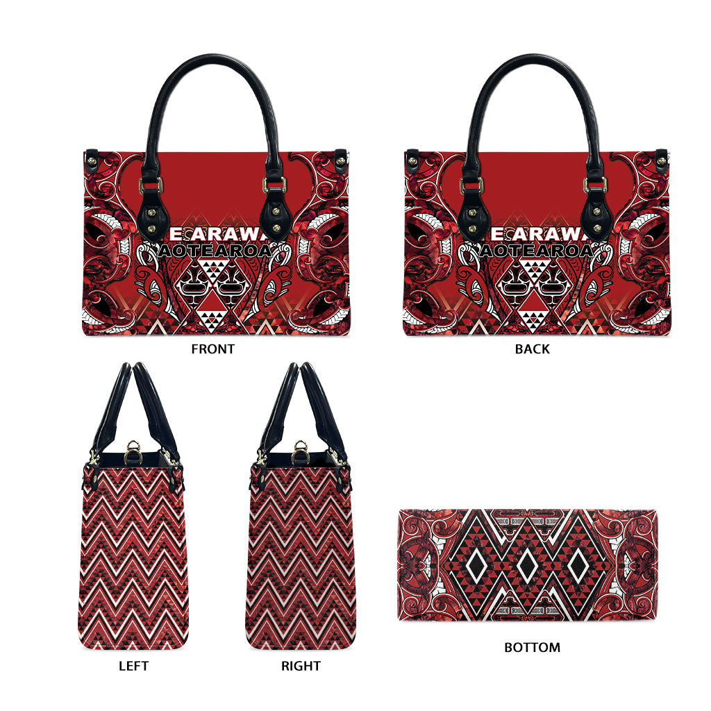 Aotearoa Te Arawa Leather Bag Maori Tribal Dark Red Paua Shell Pattern