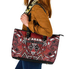 Aotearoa Te Arawa Leather Tote Bag Maori Tribal Dark Red Paua Shell Pattern