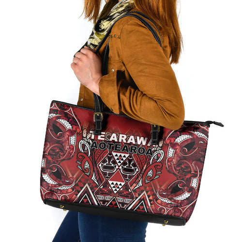 Aotearoa Te Arawa Leather Tote Bag Maori Tribal Dark Red Paua Shell Pattern