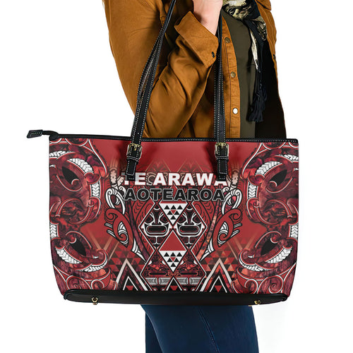 Aotearoa Te Arawa Leather Tote Bag Maori Tribal Dark Red Paua Shell Pattern