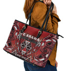 Aotearoa Te Arawa Leather Tote Bag Maori Tribal Dark Red Paua Shell Pattern