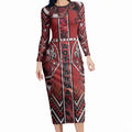 Aotearoa Te Arawa Long Sleeve Bodycon Dress Maori Tribal Dark Red Paua Shell Pattern