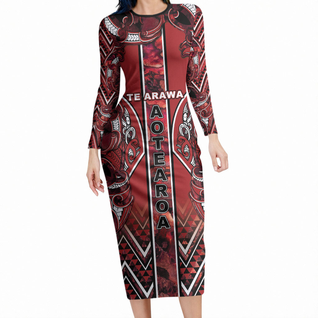 Aotearoa Te Arawa Long Sleeve Bodycon Dress Maori Tribal Dark Red Paua Shell Pattern