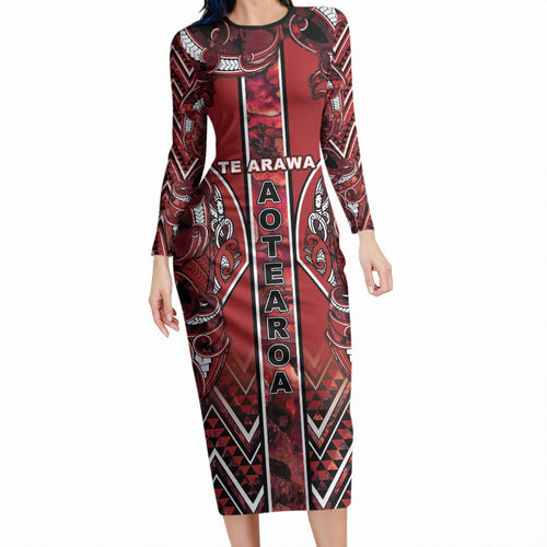 Aotearoa Te Arawa Long Sleeve Bodycon Dress Maori Tribal Dark Red Paua Shell Pattern