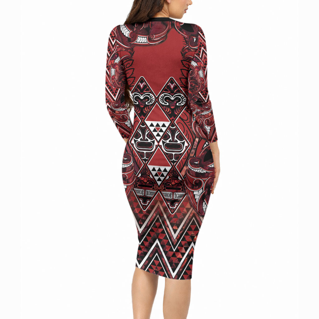 Aotearoa Te Arawa Long Sleeve Bodycon Dress Maori Tribal Dark Red Paua Shell Pattern