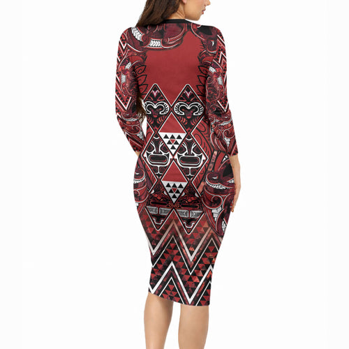 Aotearoa Te Arawa Long Sleeve Bodycon Dress Maori Tribal Dark Red Paua Shell Pattern