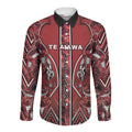 Aotearoa Te Arawa Long Sleeve Button Shirt Maori Tribal Dark Red Paua Shell Pattern