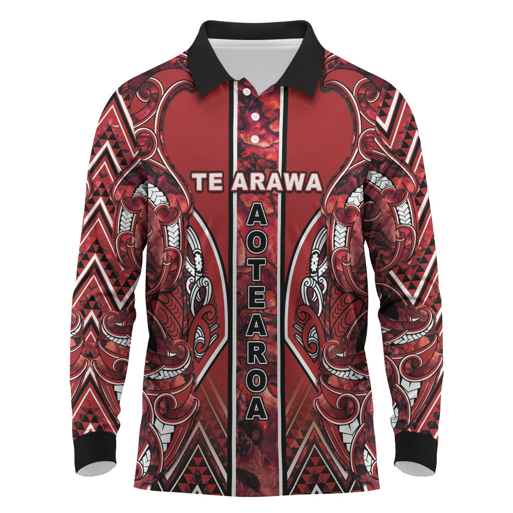 Aotearoa Te Arawa Long Sleeve Polo Shirt Maori Tribal Dark Red Paua Shell Pattern