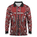 Aotearoa Te Arawa Long Sleeve Polo Shirt Maori Tribal Dark Red Paua Shell Pattern