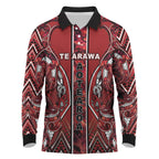 Aotearoa Te Arawa Long Sleeve Polo Shirt Maori Tribal Dark Red Paua Shell Pattern